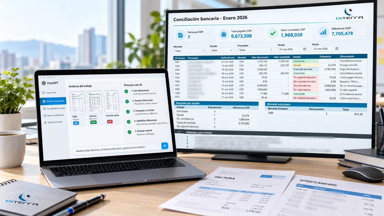 Escritorio con portátil, monitor con conciliación bancaria, factura y extracto impresos.