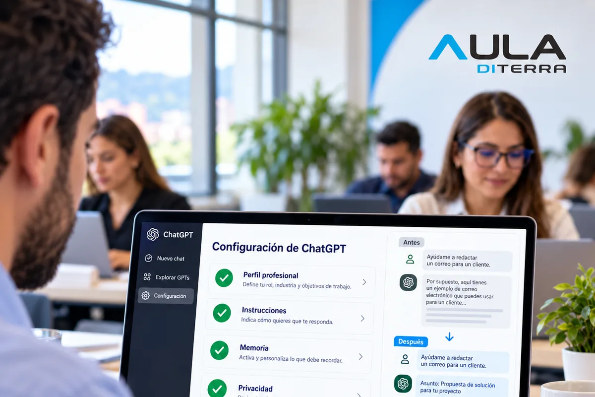 Participantes trabajando en sus portátiles; en primer plano, la configuración de ChatGPT.